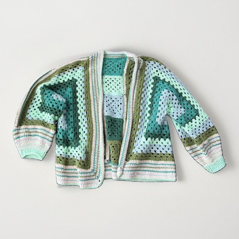 Handmade Crochet Hexagon Cardigan Granny Square Sweater Green Teal Boho Cozy M